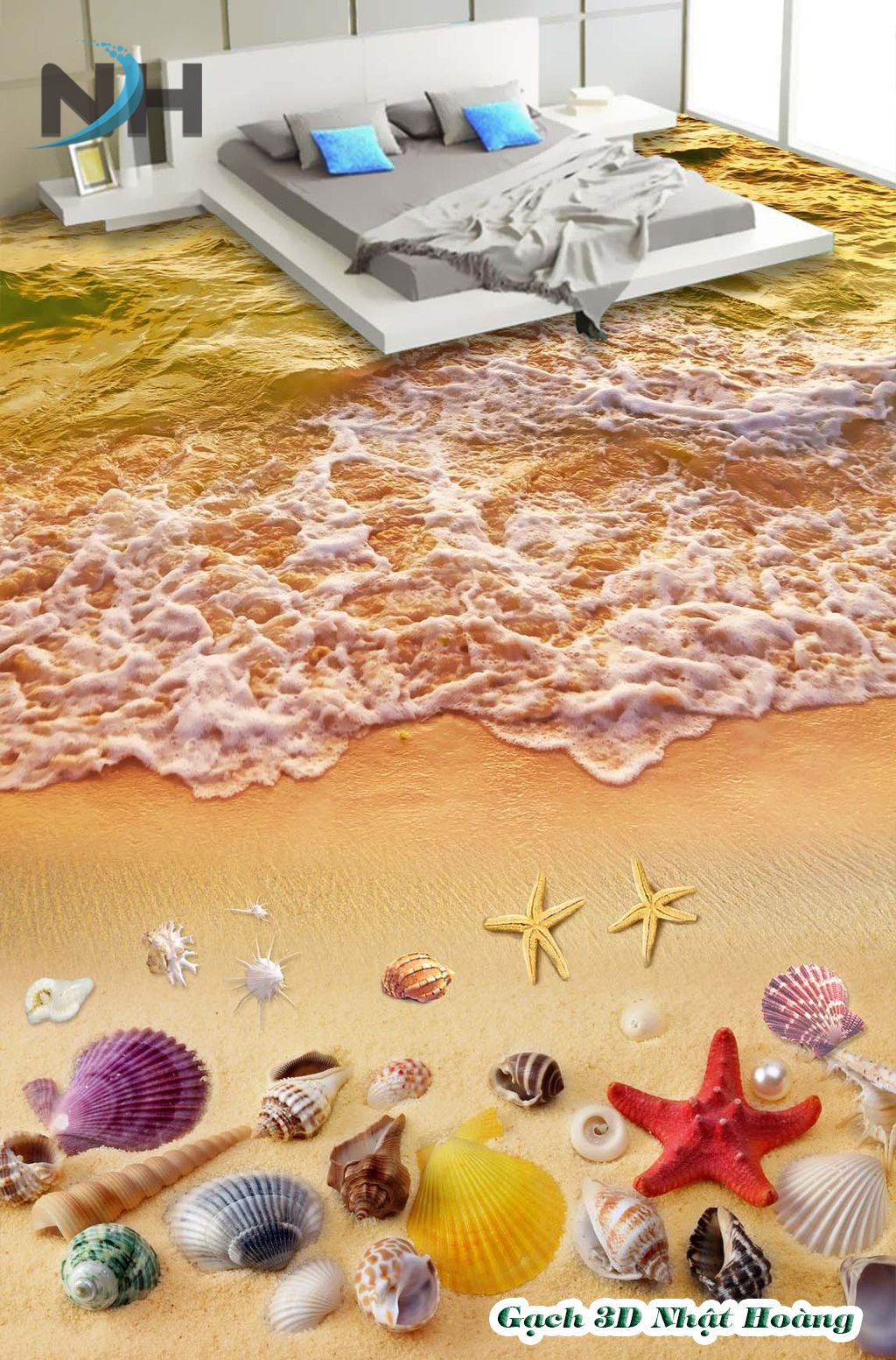 Gạch 3D lát nền biển 3DNH106 mang vẻ đẹp hoàng hôn trên biển
