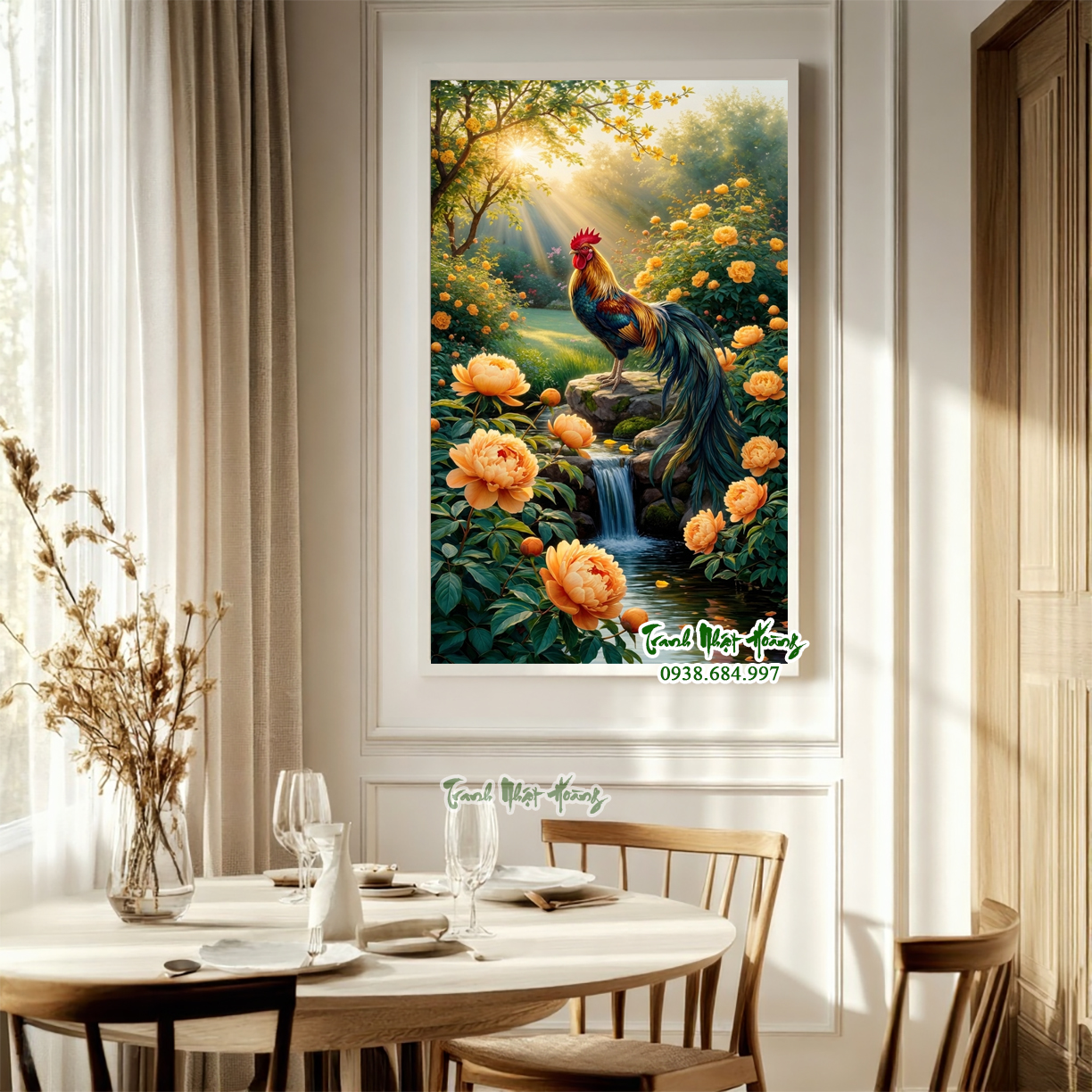 Tranh gạch 3D con gà trống và hoa mẫu đơn