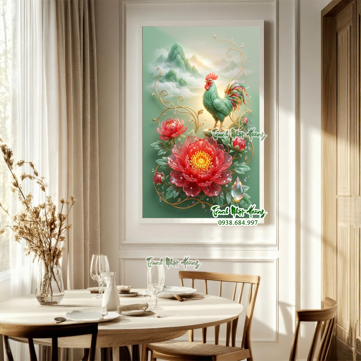 Tranh gạch 3D con gà trống và hoa mẫu đơn