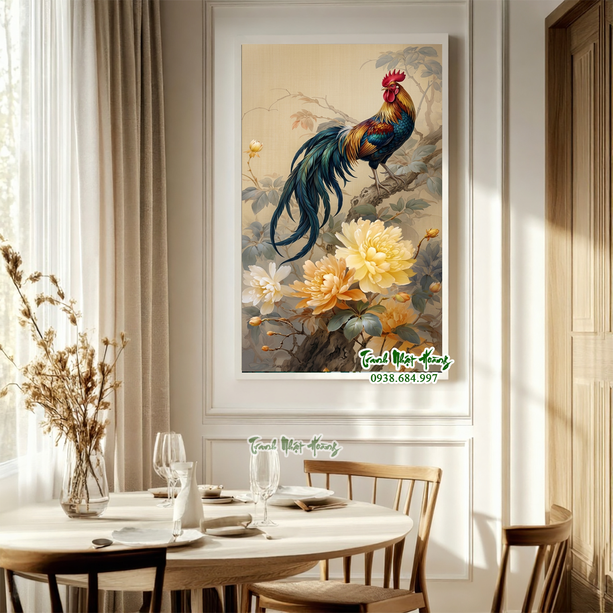 Tranh gạch 3D con gà trống và hoa mẫu đơn