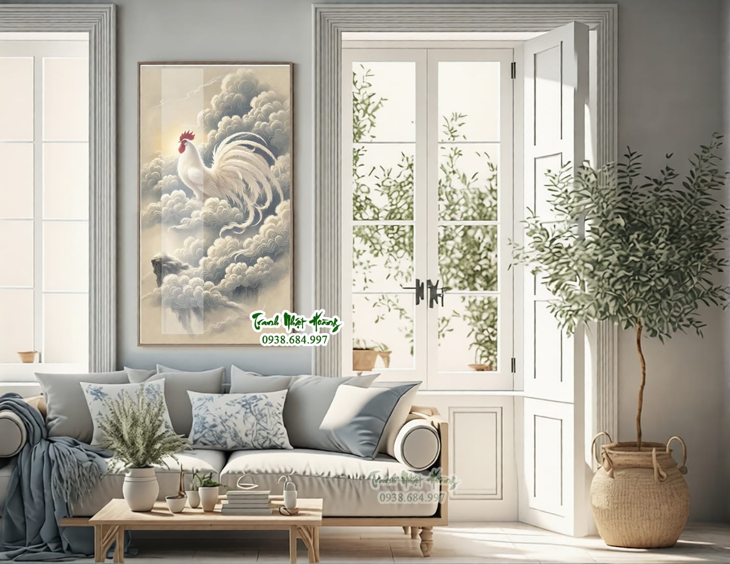 Tranh gạch 3D con gà trống và hoa mẫu đơn