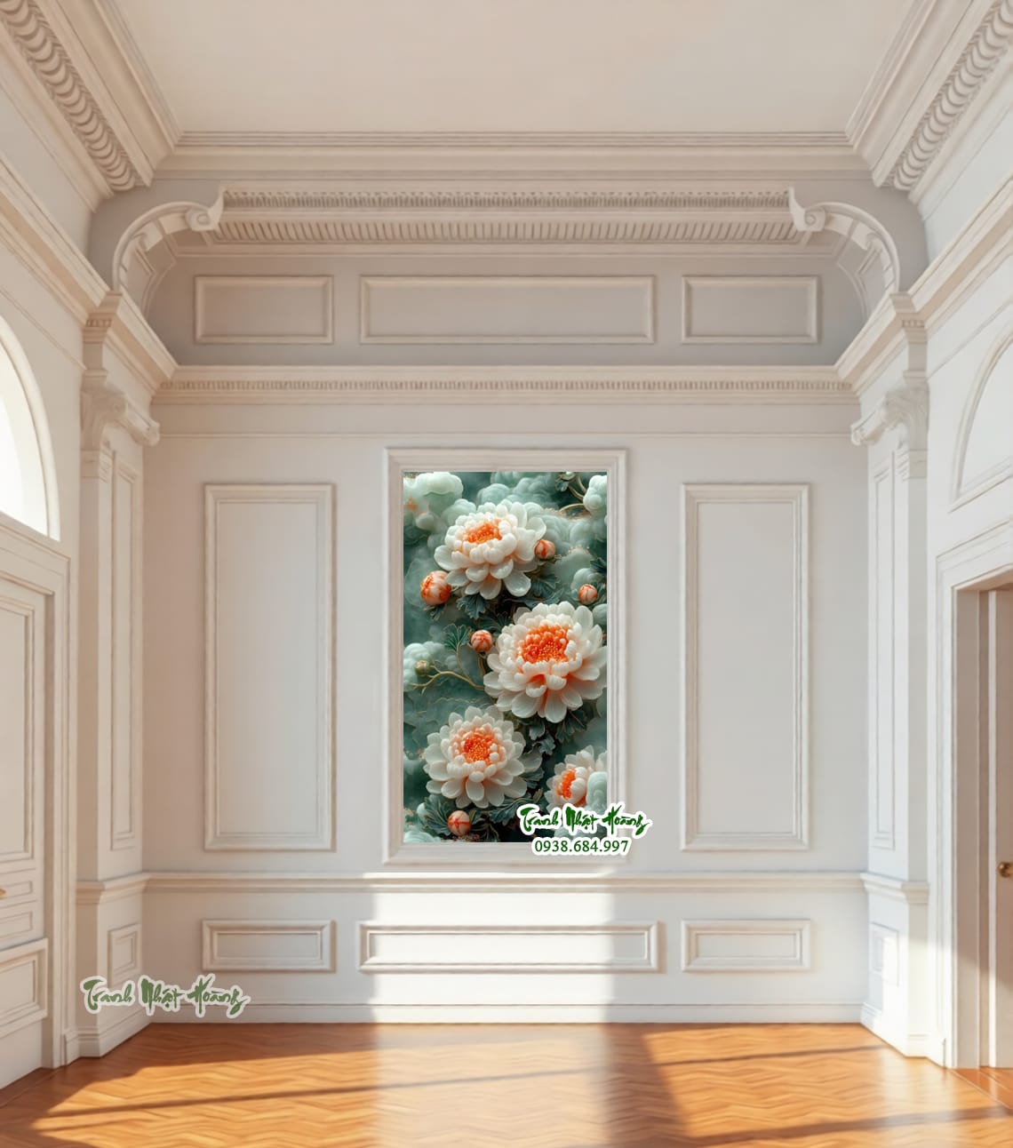 Tranh gạch 3D hoa cúc khổ đứng màu ngọc